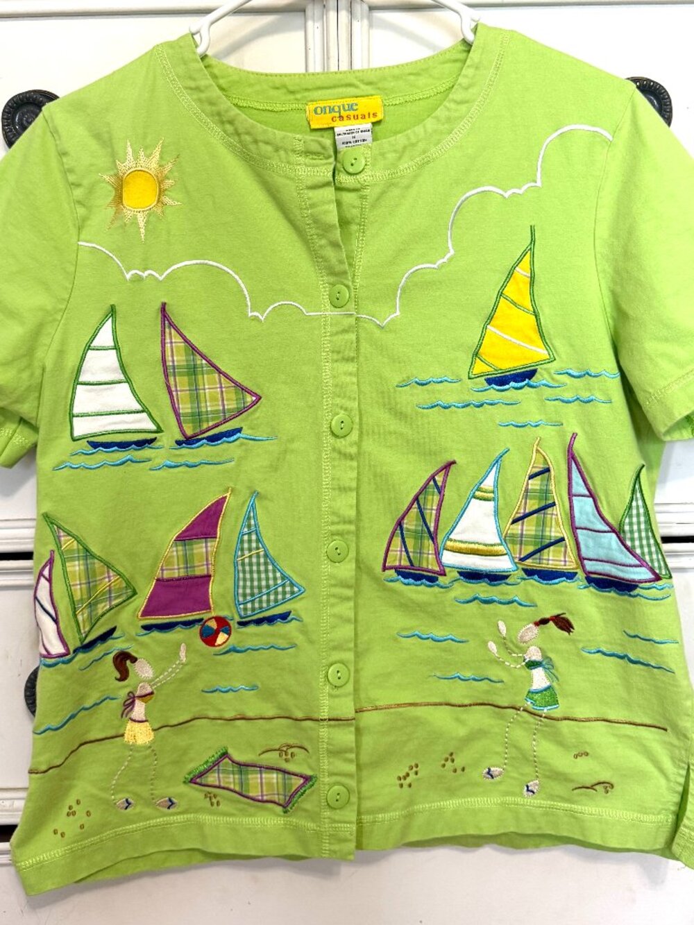 Onque Casuals Lime Green Summer Fun Embroidered Button Down Top. Size M